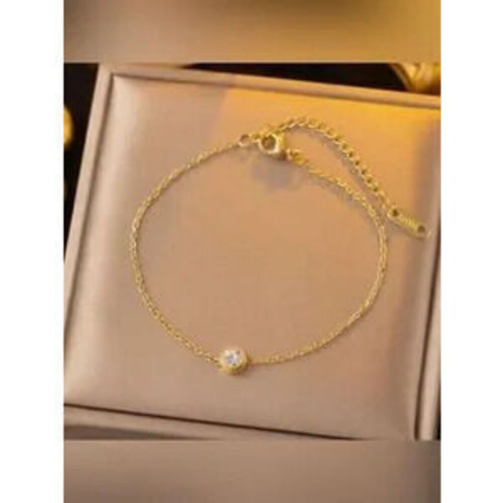 Gold Stainless Steel CZ Pendant Chain Bracelet Dainty